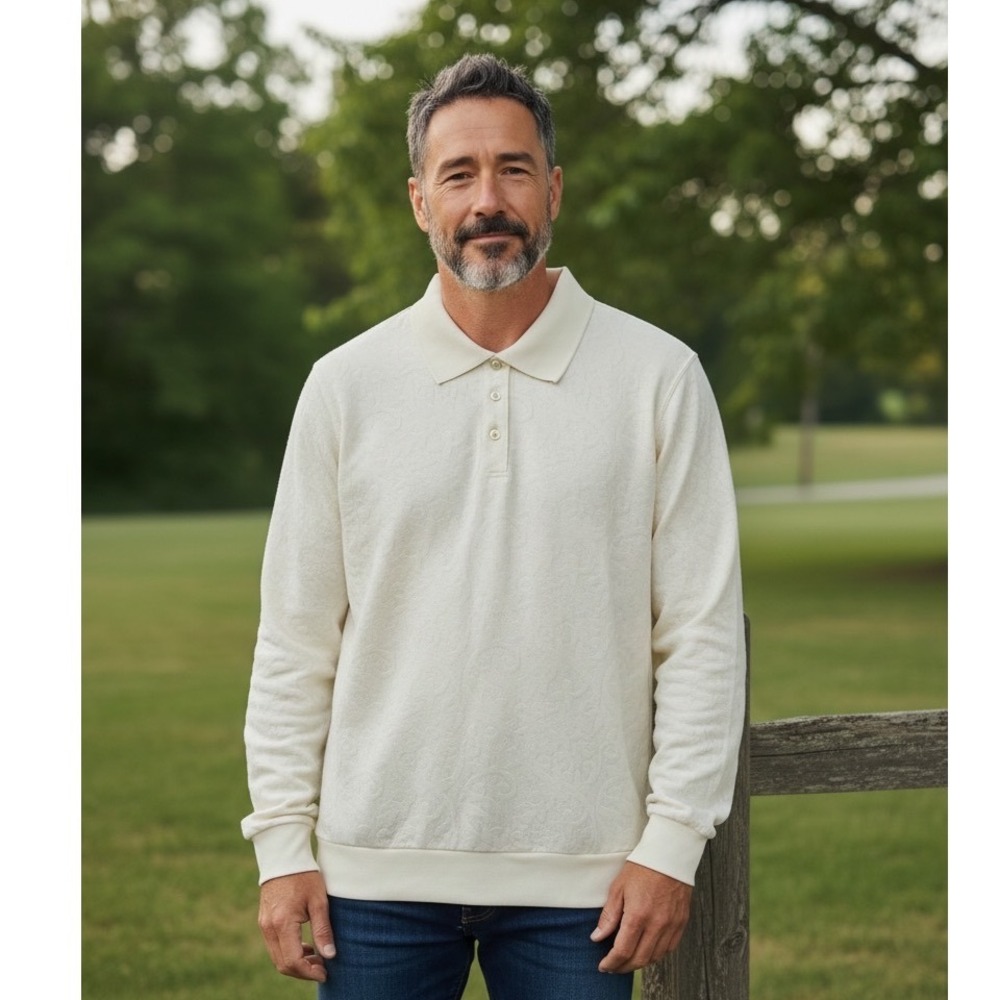 Comfort Corner Men's Cream Paisley Jacquard Long Sleeve Polo Shirt Large B8P
